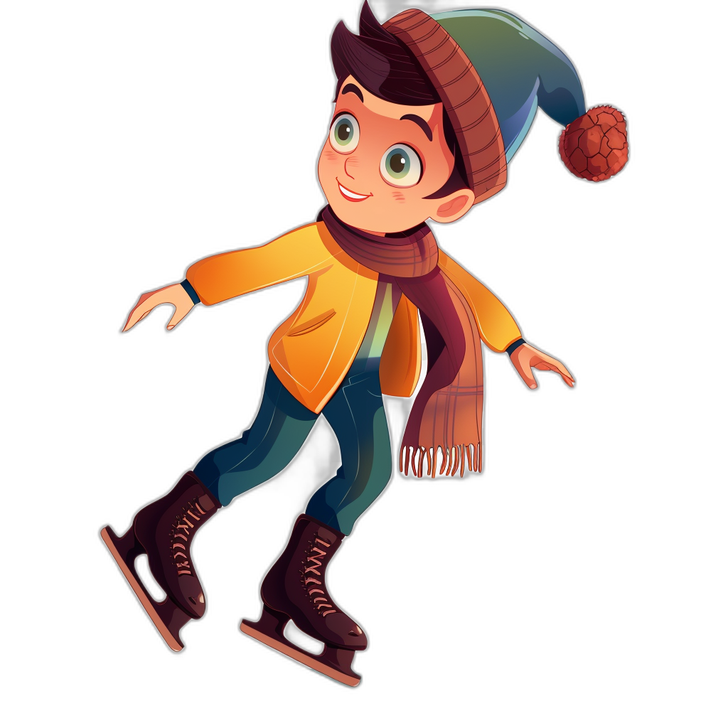 A cartoon boy ice skating, wearing winter and hat, vector illustration style, black background, simple lines, bright colors, high saturation, lively movements.,,in the middle of his body is centered,,32k ultrahigh definition resolution, best quality,,3D rendering, Octane Render ,