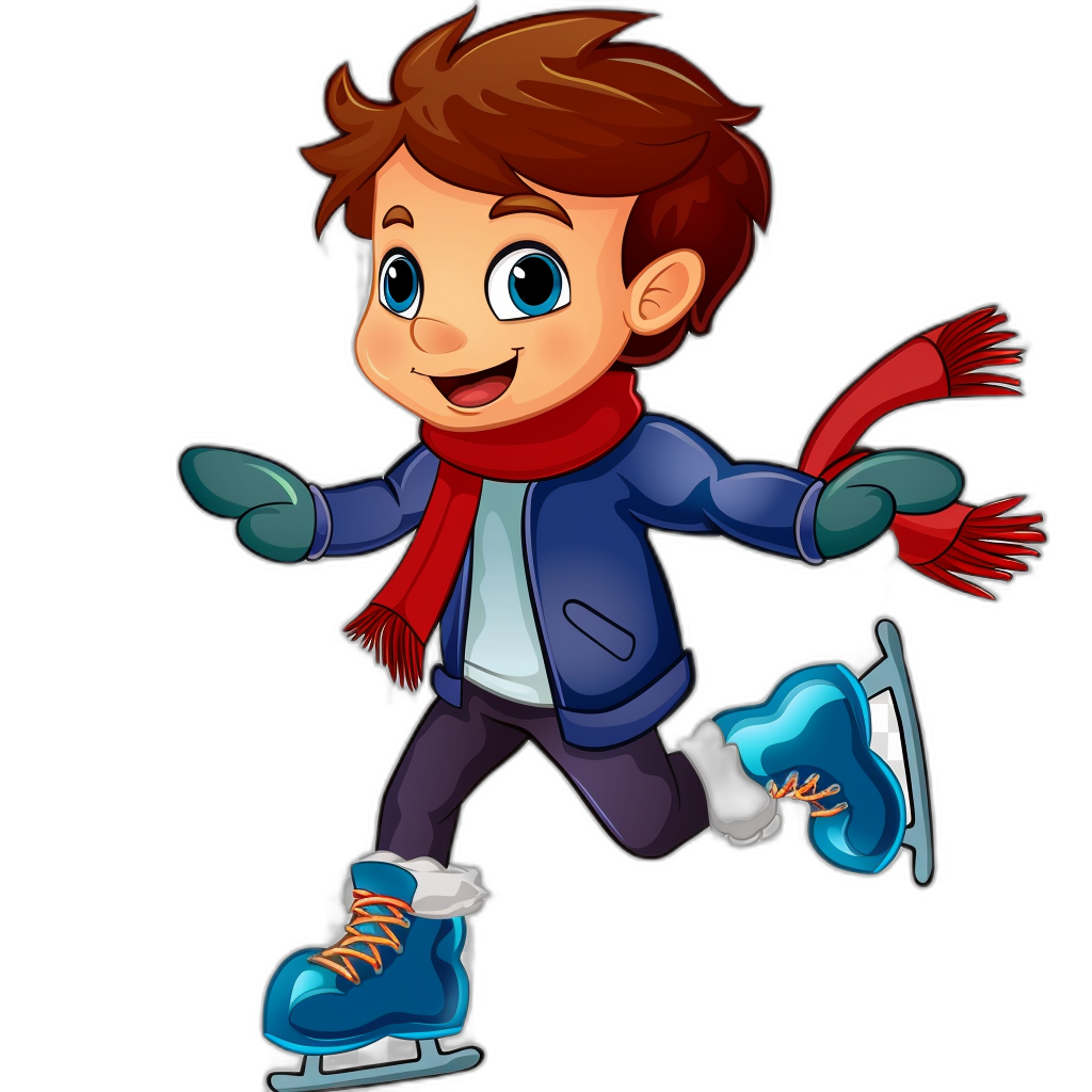 cartoon clip art, boy ice skating with blue skates and red scarf wearing dark jacket, brown hair, black background, vector illustration style