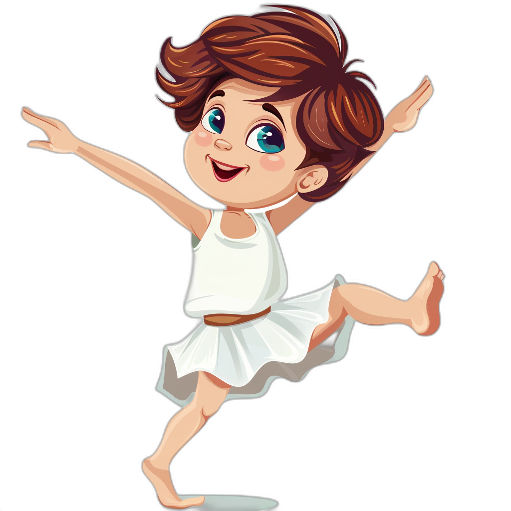 cartoon happy dancing little girl with short brown hair in white dress, vector illustration on black background