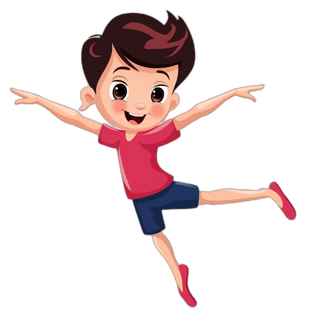 A cartoon boy is jumping in the air in the style of a vector illustration with a black background and flat design using simple lines. He has pink red short sleeves, blue shorts, brown hair with bangs, big eyes, and is smiling with his hands spread out to support himself showing a happy expression. Bright shoes are worn on his feet. The whole body photo showcases high details with no shadow or projection of characters and is high resolution and best quality.