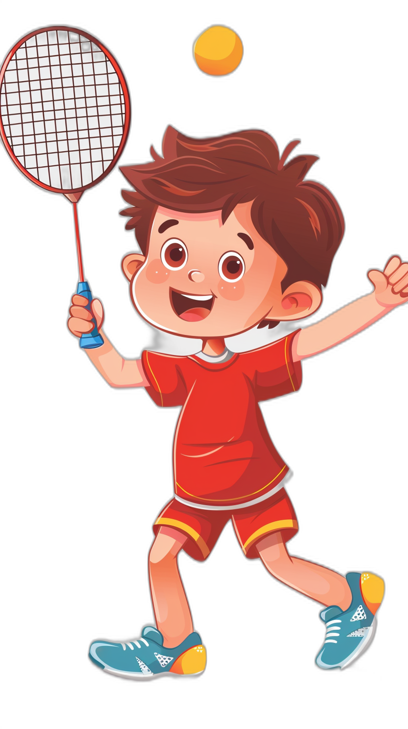 A cute little boy playing badminton in a cartoon style vector illustration with a black background, wearing a red short-sleeved T-shirt and shorts, holding a racket in his right hand and hitting the ball above his head. He has brown hair, big eyes, and a smiling face expression. The light is bright and soft, creating an atmosphere of vitality and energy in the style of.