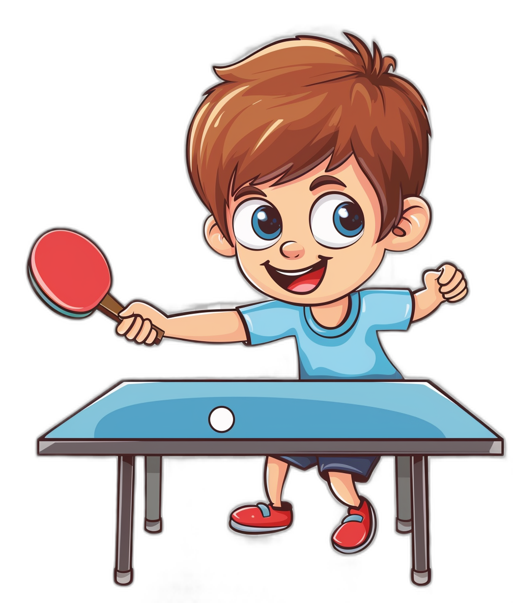 cartoon style of a boy playing table tennis in the style of, clip art on a black background