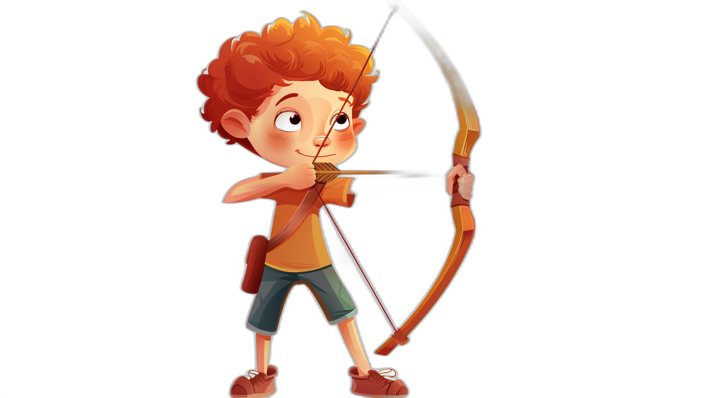 A cute cartoon character of an archer boy, with short curly red hair and brown eyes, wearing shorts and a shirt, holding a bow on a black background in the style of Pixar animation and in the style of children’s book illustration. The illustration is hyper realistic with high contrast.