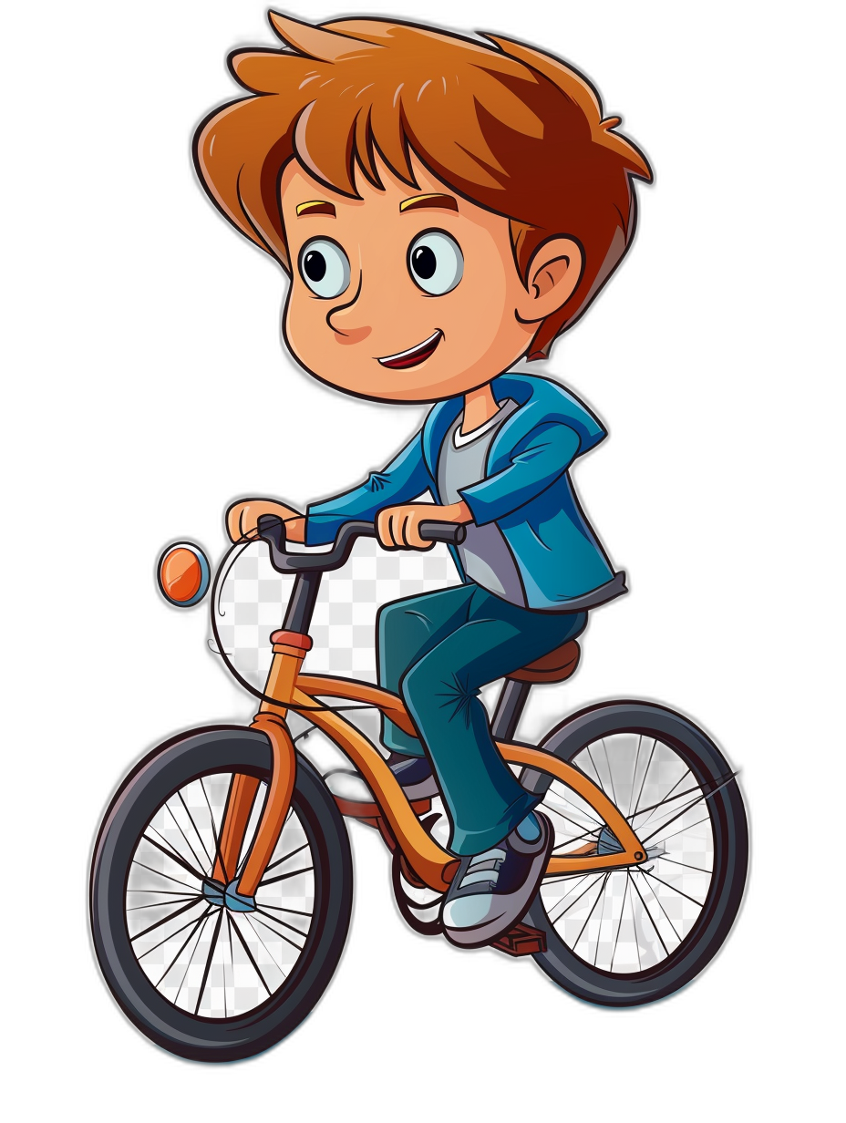 cartoon style, cute boy with brown hair and blue jacket riding an orange bike on a black background, clip art sticker cartoon illustration vector clipart, full body, png white transparent background, isolated from solid color background, professional t-shirt design vector illustration digital drawing in the style of cartoon with realistic pastel colors