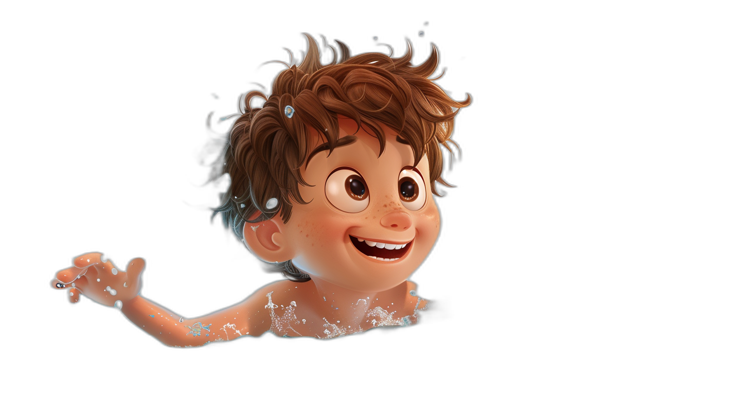 A cute baby boy with brown hair smiling is floating on his back, bathed in light from above, in the style of Disney Pixar, against a black background, in a 3D cartoon style.