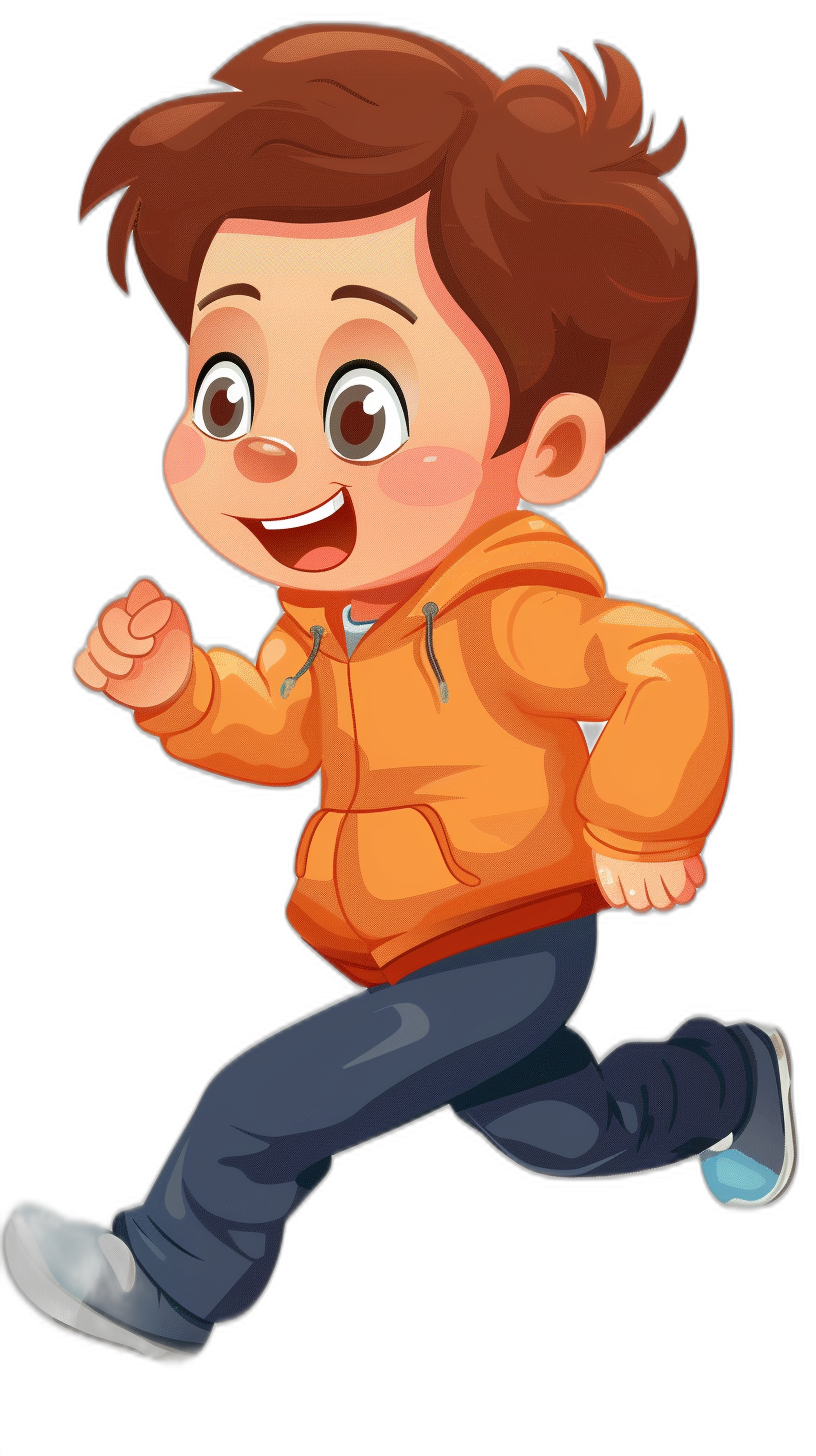 A cute cartoon boy with brown hair is running, wearing an orange hoodie and blue jeans. He has big eyes and a smile on his face. The background of the illustration should be black to highlight him in color. It’s clipart that can fit into an icon or profile picture, so it needs to have high resolution and detail. in the style of clipart.