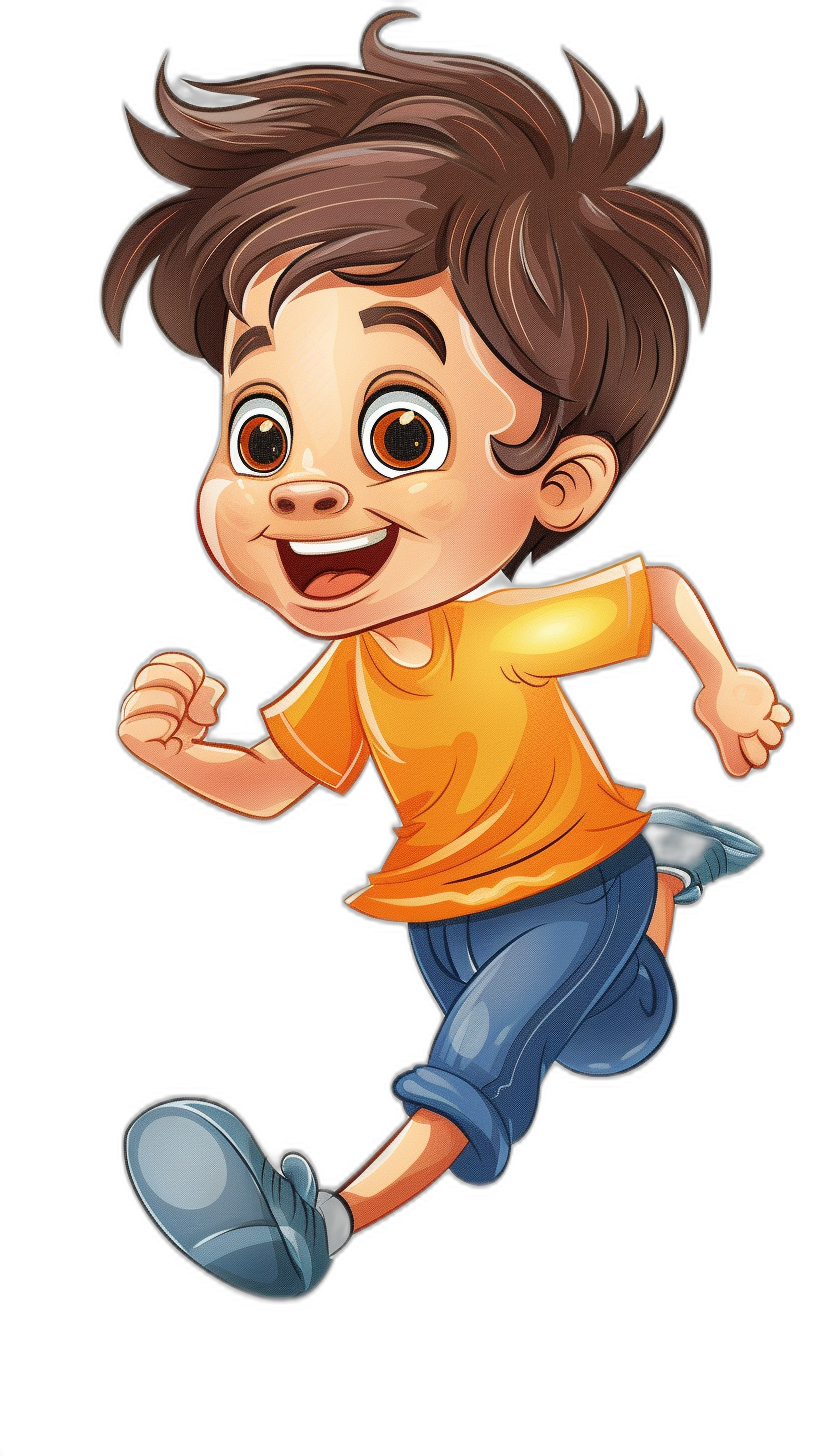 Cute cartoon character of a boy running and smiling with brown hair wearing an orange t-shirt and blue jeans on a black background.