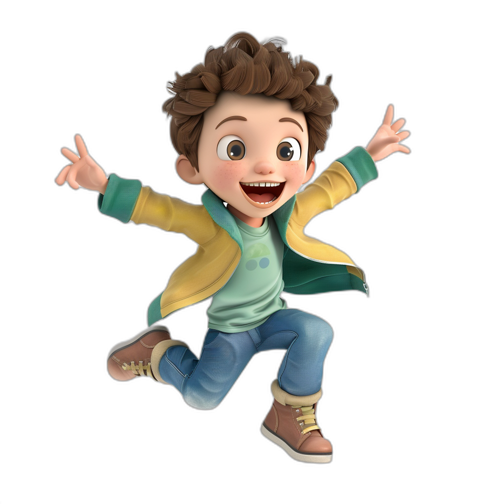 A cute boy with brown hair, wearing blue jeans and a green t-shirt is jumping up in the air. He has short curly hair in the style of Pixar. He wears a yellow jacket against a black background as a 3D render.