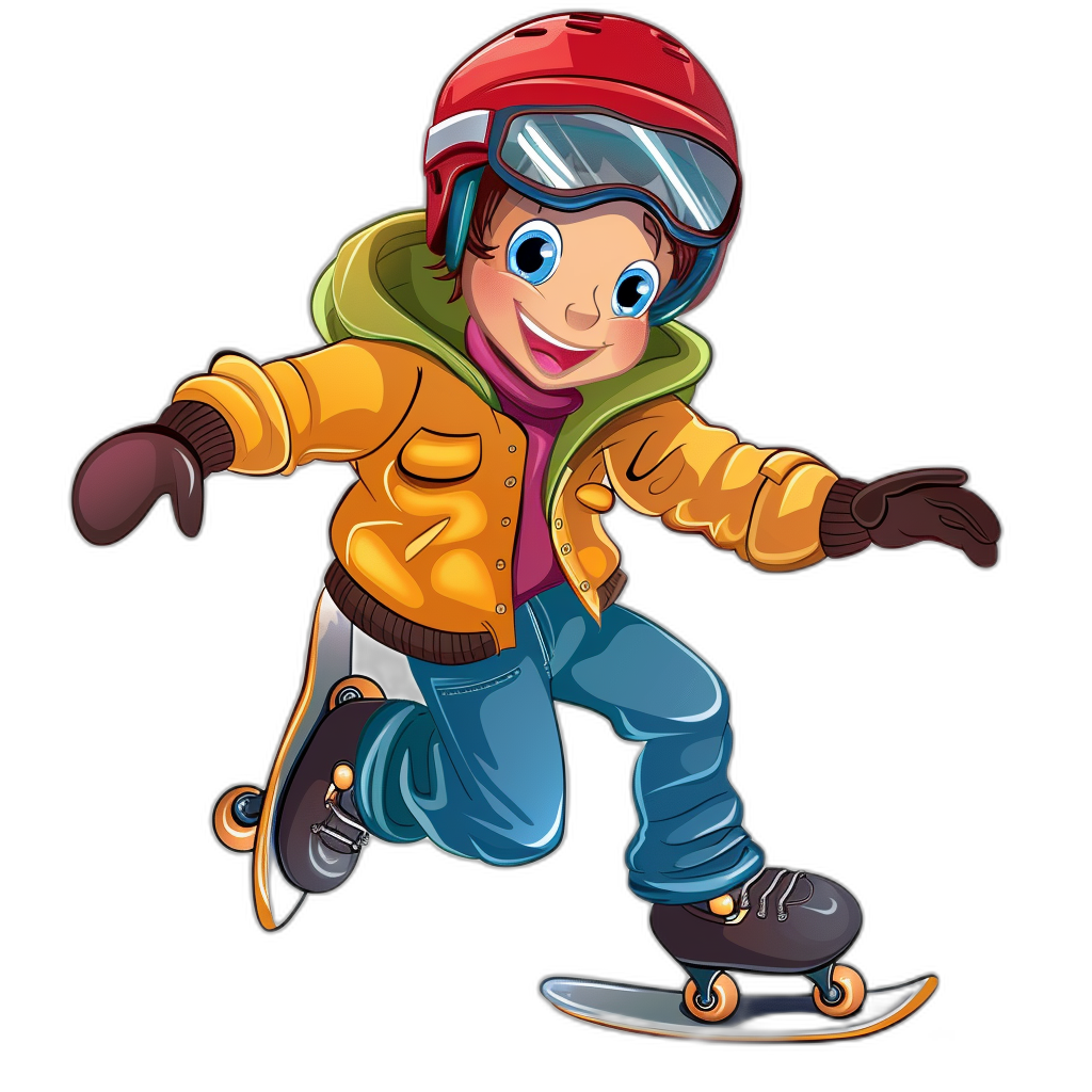 cartoon of boy snowboarding in the style of clip art, in the style of isolated on black background