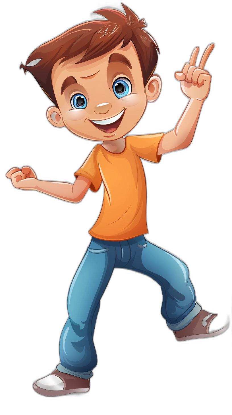 A cartoon boy in an orange t-shirt and blue jeans, with brown hair and big eyes smiling while dancing. He is making the peace sign with his right hand on a black background, in the style of a full body cartoon illustration.