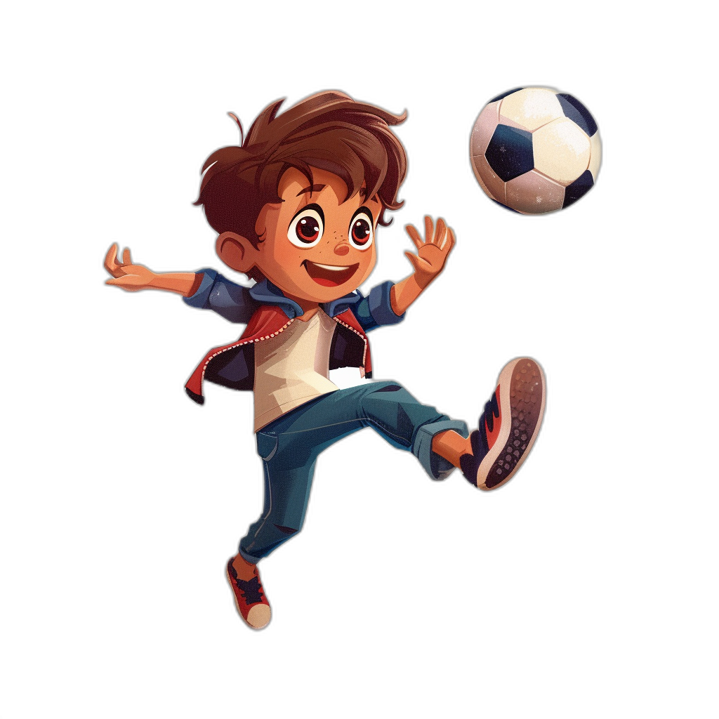 Cute cartoon character of boy playing football, on black background, 2d game art style, full body shot, 3/4 view angle, cartoon face with brown hair and big eyes, dressed in jeans jacket white shirt red details, kicking the ball to skillfully play soccer, cartoon 80s, vector illustration, flat colors, 5K resolution, high detail