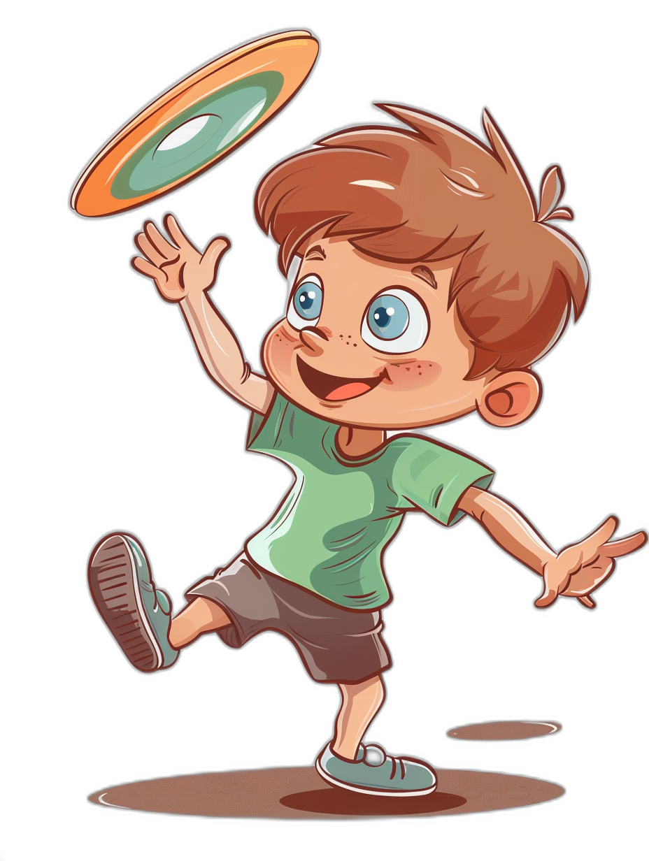 a cartoon vector illustration of an adorable boy playing frisbee, isolated on black background, in style of cute children’s book illustrations, soft and rounded forms, light brown hair with blue eyes, wearing green tshirt, dark grey shorts and white sneakers, throwing the FrConstruction paper flying around him, clip art sticker design for kids