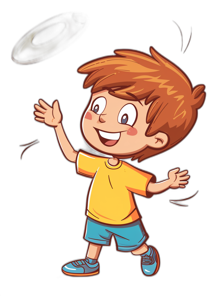 A cartoon boy is playing frisbee, vector illustration style with black background. The character has short brown hair and wears blue shorts and an orange tshirt. He’s smiling big while holding the Fr会有 conducts flying around him. A circle of light shines behind his head as if he justio throwing it into space. It’s a cheerful scene that makes you want to play too! by [Skottie Young](https://goo.gl/search?artist%20Skottie%20Young) , isolated on whitebackground, clipart design for graphic creation, vector art. Isolated on pastel color texture background.