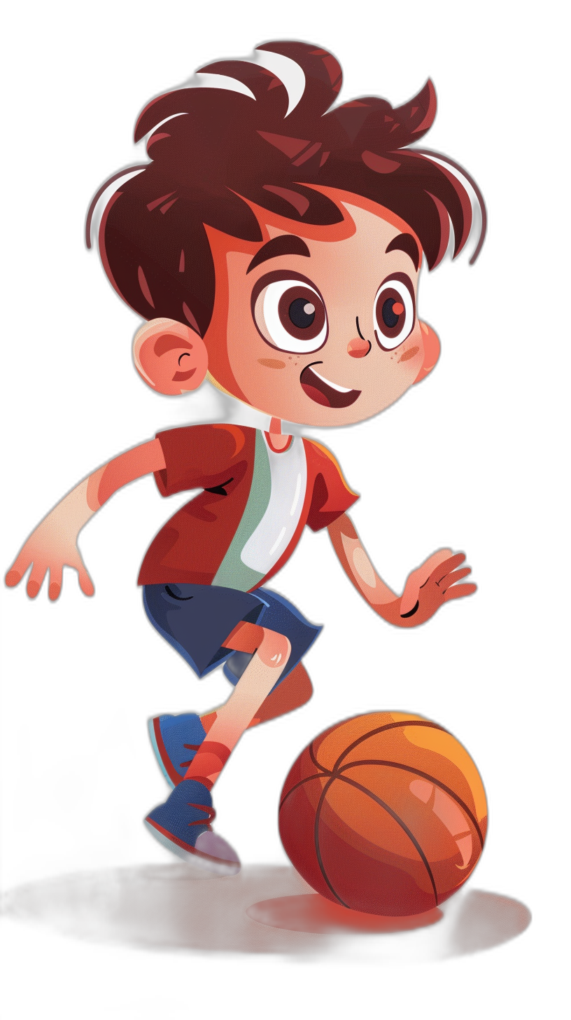 A cute cartoon boy playing basketball, full body shot with a black background, in the style of Disney, in the style of Pixar animation, character design, concept art for a mobile game in the mobile wallpaper art style. He is wearing a red and white shirt and blue shorts. The colors of his hair have some brown color. He has big eyes and a smile on his face. In front there is one basketball. His shoes were navy blue colored shoes.