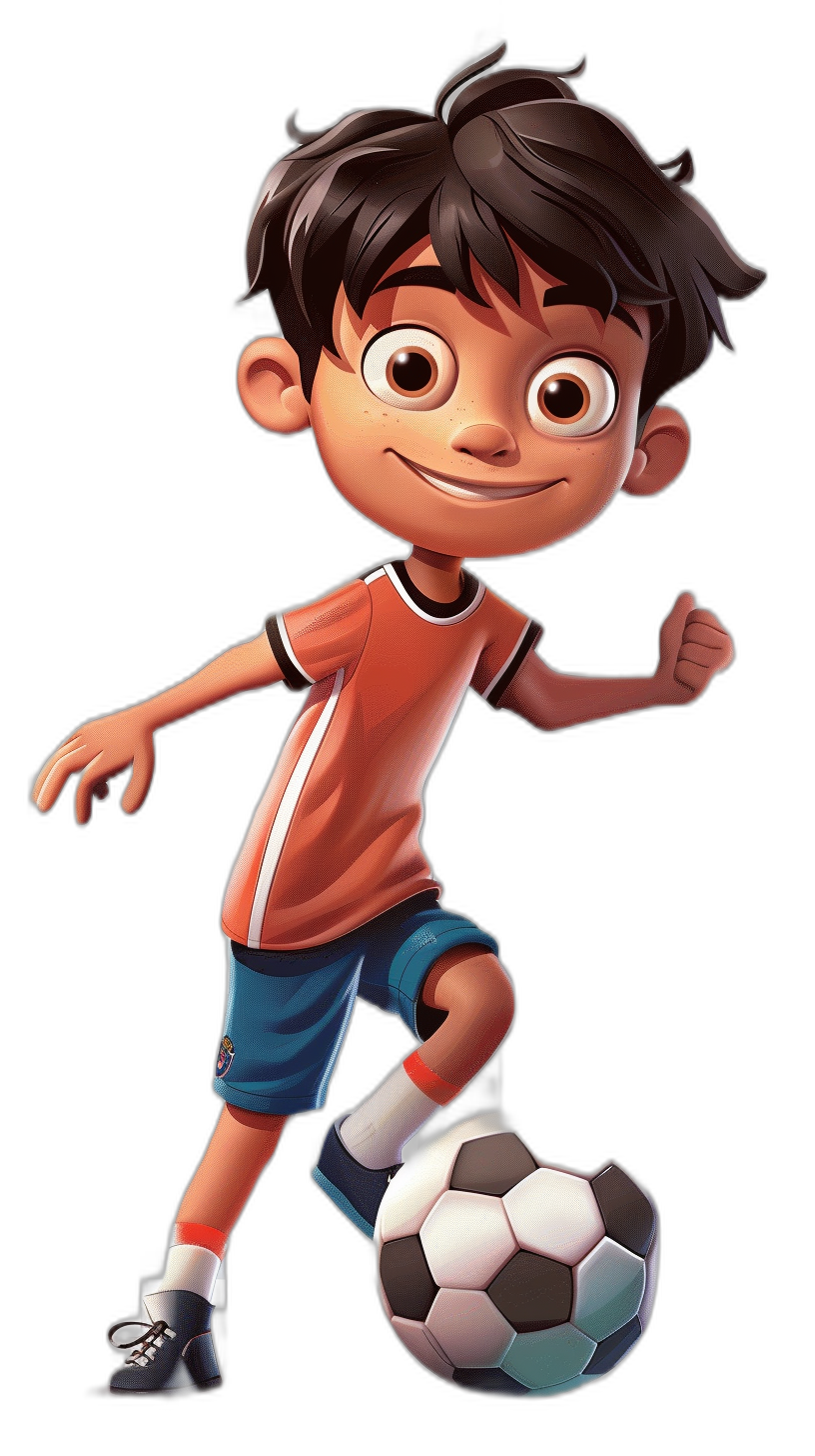 cartoon character of an Indian boy playing football, wearing a t-shirt and shorts, in the style of Disney, black background, in the style of Pixar art.