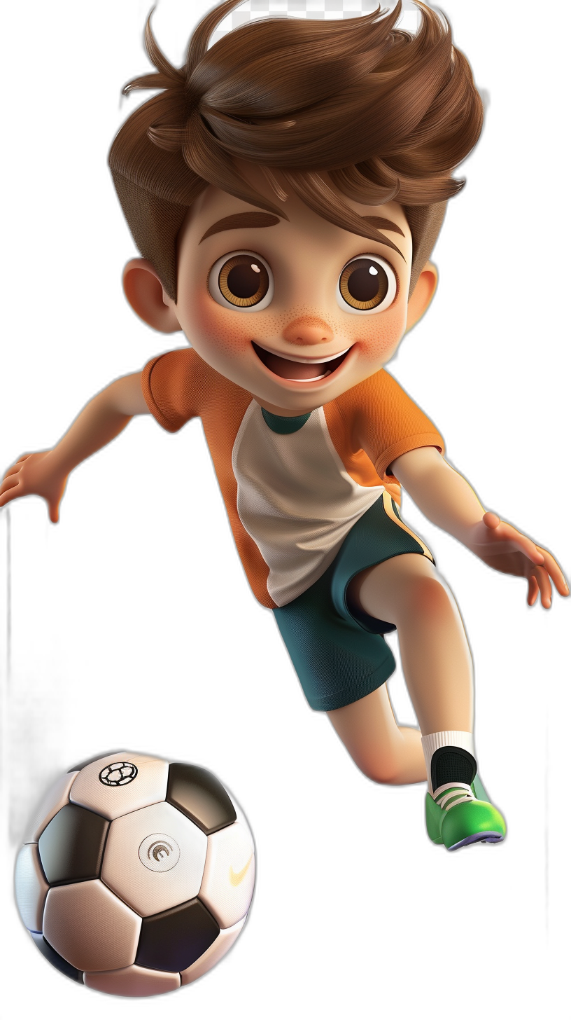 A cute little boy with brown hair, white shirt and green shorts is kicking the soccer ball in the style of Disney Pixar on a black background. He has big eyes and a bright smile. The cartoon character of his head should be 50% larger than normal in 3D rendering.