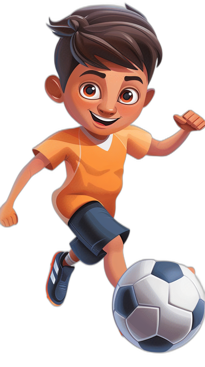 cartoon style of an Indian boy playing football, wearing an orange t-shirt and black shorts, in the pixar cartoon art style, in the style of a disney character, on a colored background, with white skin tone, jumping with a ball in hand ready to play. Black background. High resolution.