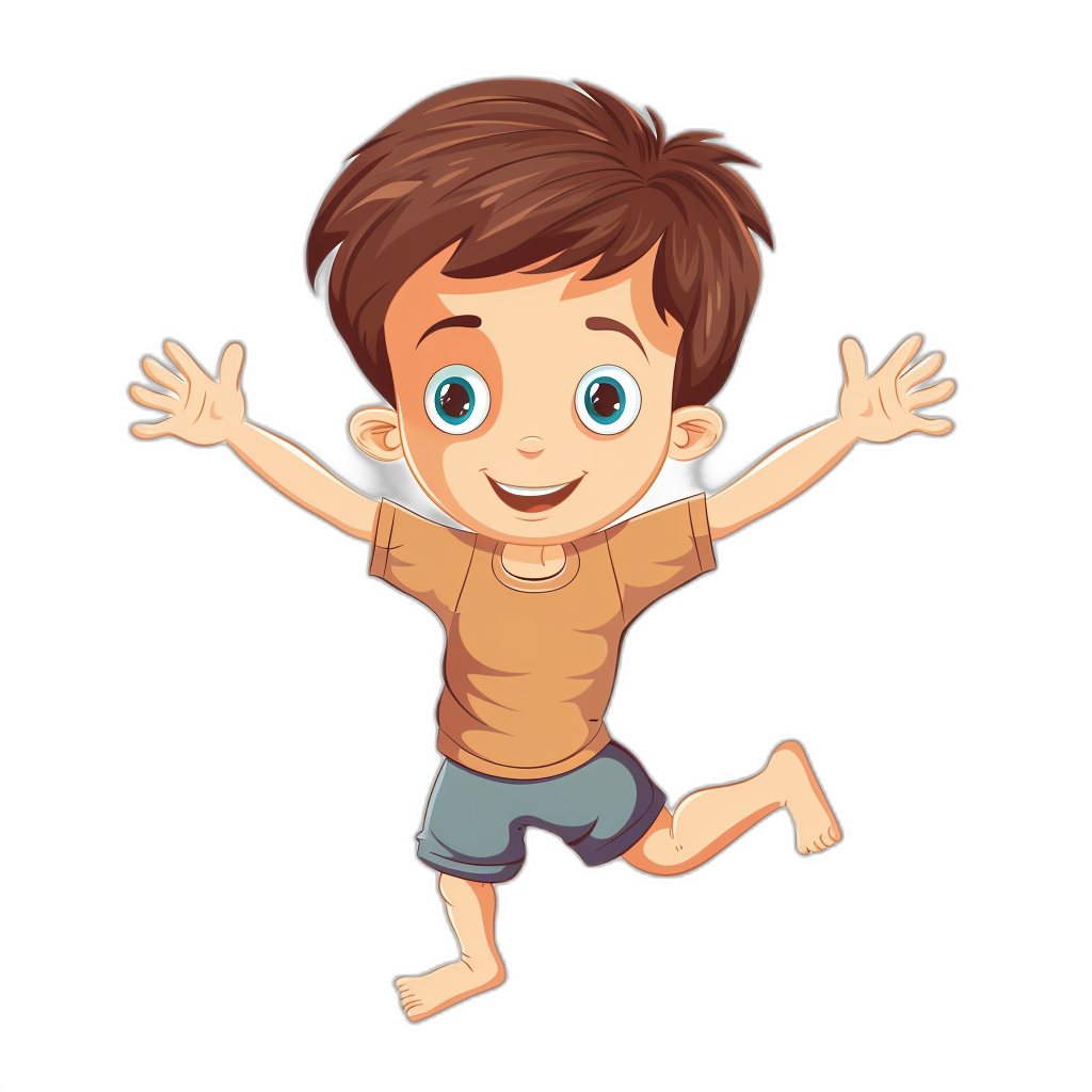 A cute cartoon boy with brown hair is jumping with a happy expression in the style of a flat illustration style against a black background with simple lines and high quality, high resolution with no shadows on the body and bright colors with simple details, bright eyes, cute hands and feet.