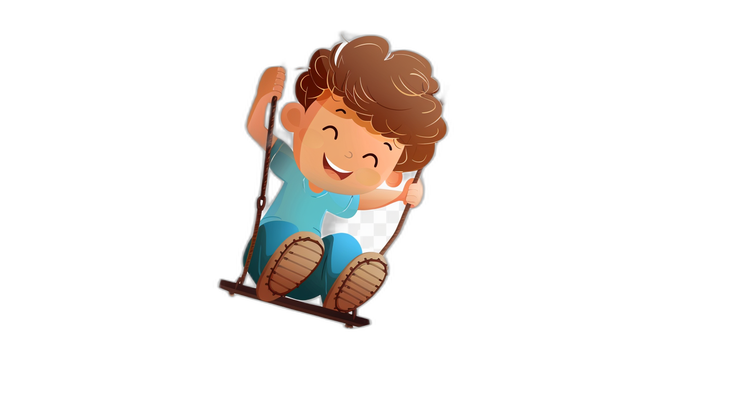 A cute happy cartoon boy sitting on the swing, smiling happily with his hands hanging down. He has a simple black background with a top view in the 2D animation style of Disney Pixar. The boy’s animation character design. He is wearing blue and brown shoes. He has curly hair and dark eyes against a black isolated background.