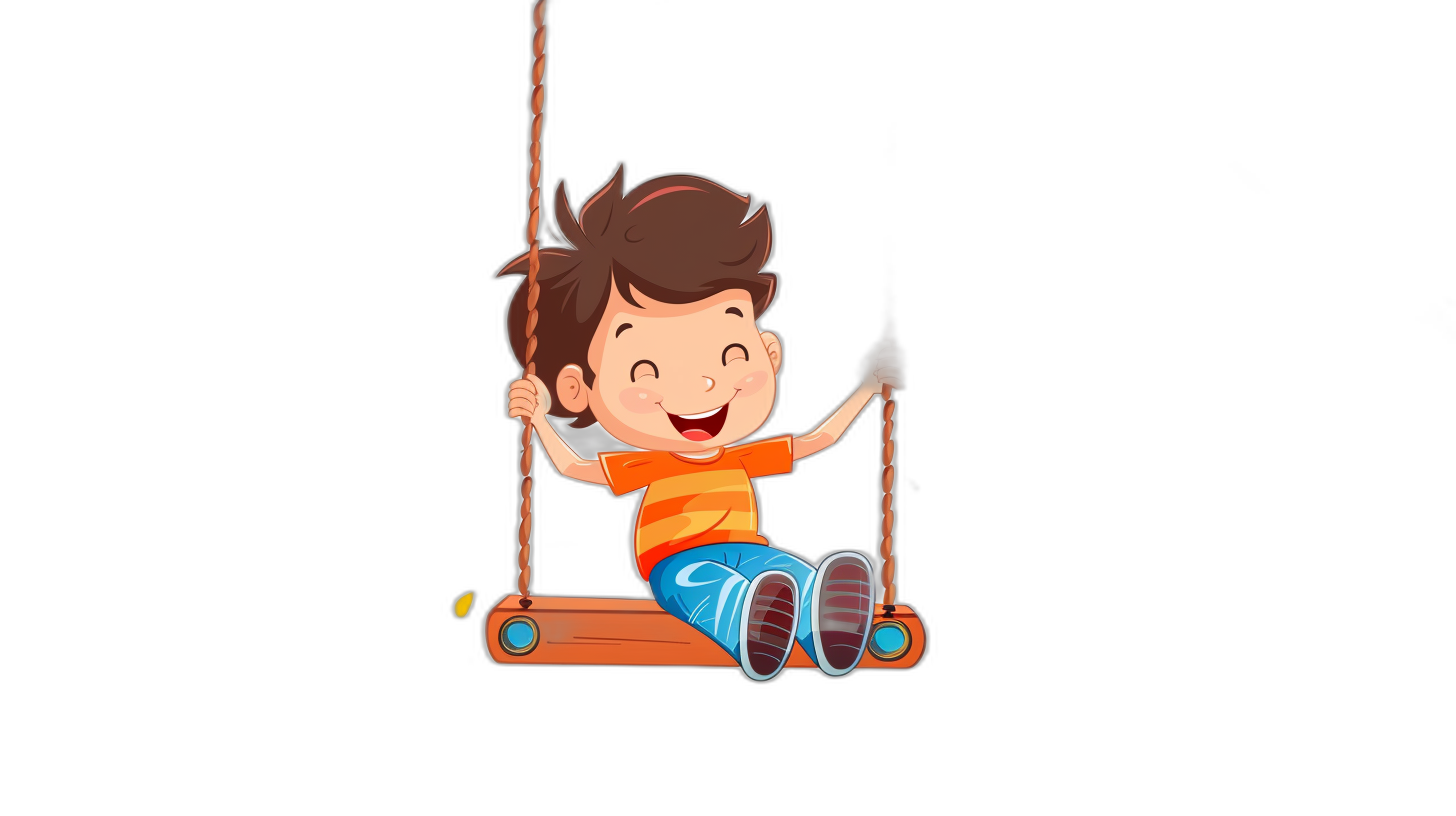 A cute cartoon boy is swinging on the swing, smiling happily, with a black background, in a simple style and with colorful animation stills. The artwork is in the style of colorful animation stills.