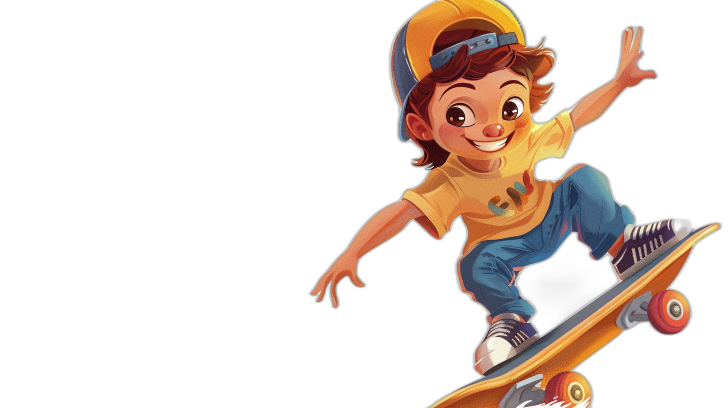 A cartoon boy is riding on his skateboard, he has brown hair and is wearing blue jeans with sneakers and a yellow t-shirt with a cap hat. A full body shot against a black background in the style of Pixar. A cute and adorable cartoon character.