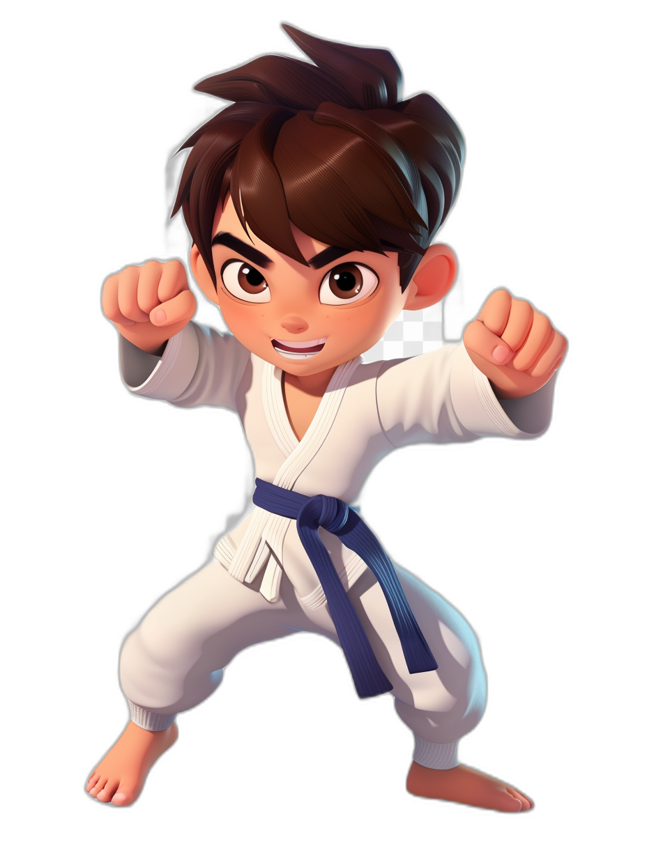 An illustration of the cartoon character boy in a white karate outfit with dark brown hair and blue belt, doing classic martial arts poses. The background should be black to highlight his vibrant expression as he strikes a dynamic pose. He has bright eyes that reflect determination. His attire includes traditional Japanese elements like a karate uniform. The illustration should be in the style of Disney Pixar, with a cute, adorable 3D rendered boy striking poses on an isolated black background.