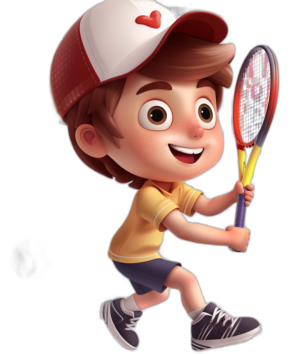 A cute boy playing tennis, wearing sports shorts and sneakers with white shoes on his feet, in the style of a cartoon character, red cap, heart-shaped logo, short brown hair, bright smile, holding the racket in both hands, 3D rendering, black background.