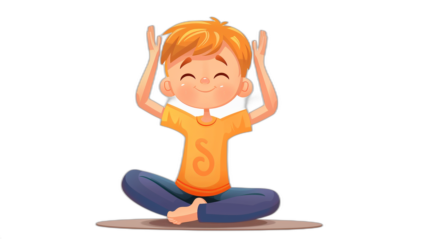 Cute cartoon boy doing yoga in a simple 2D style on a black background. The vector illustration has flat colors and simple lines. The cute character has yellow hair and an orange t-shirt with a smiling face. He sits in a lotus position doing a meditation pose for a full body portrait. The art style is reminiscent of Pixar animations with a simple line drawing and high resolution flat colors.