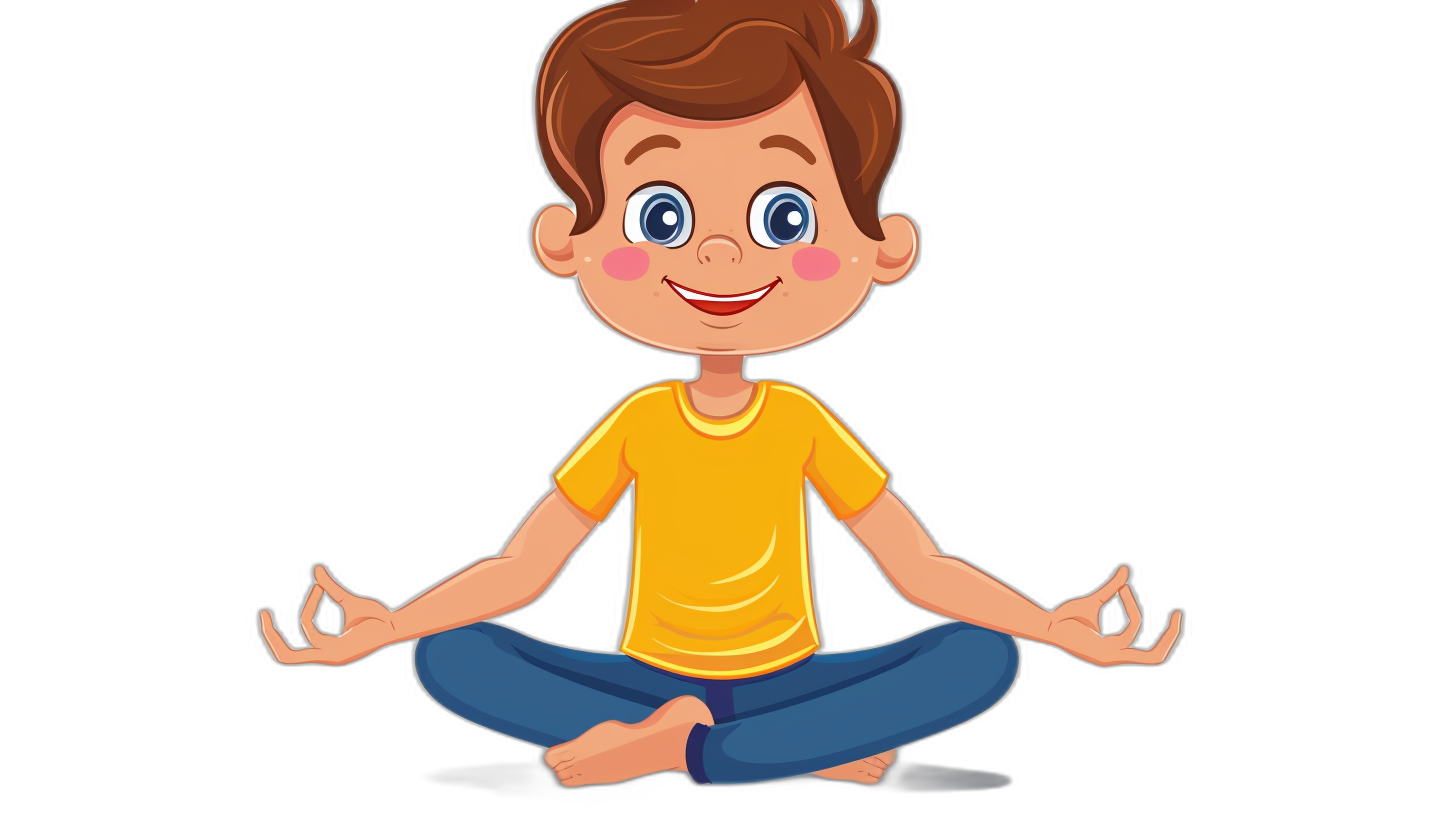 A cartoon boy doing yoga with simple facial expressions and hands in a full body portrait against a solid black background. The cute style is of a flat illustration inspired by children’s book illustrations with graphic design-inspired characters that have bright eyes. The boy is sitting cross-legged in a lotus position for meditation while wearing a yellow t-shirt and blue pants. The illustration uses simple lines in the style of colorful animation stills and is provided in high resolution as a fullbody portrait.