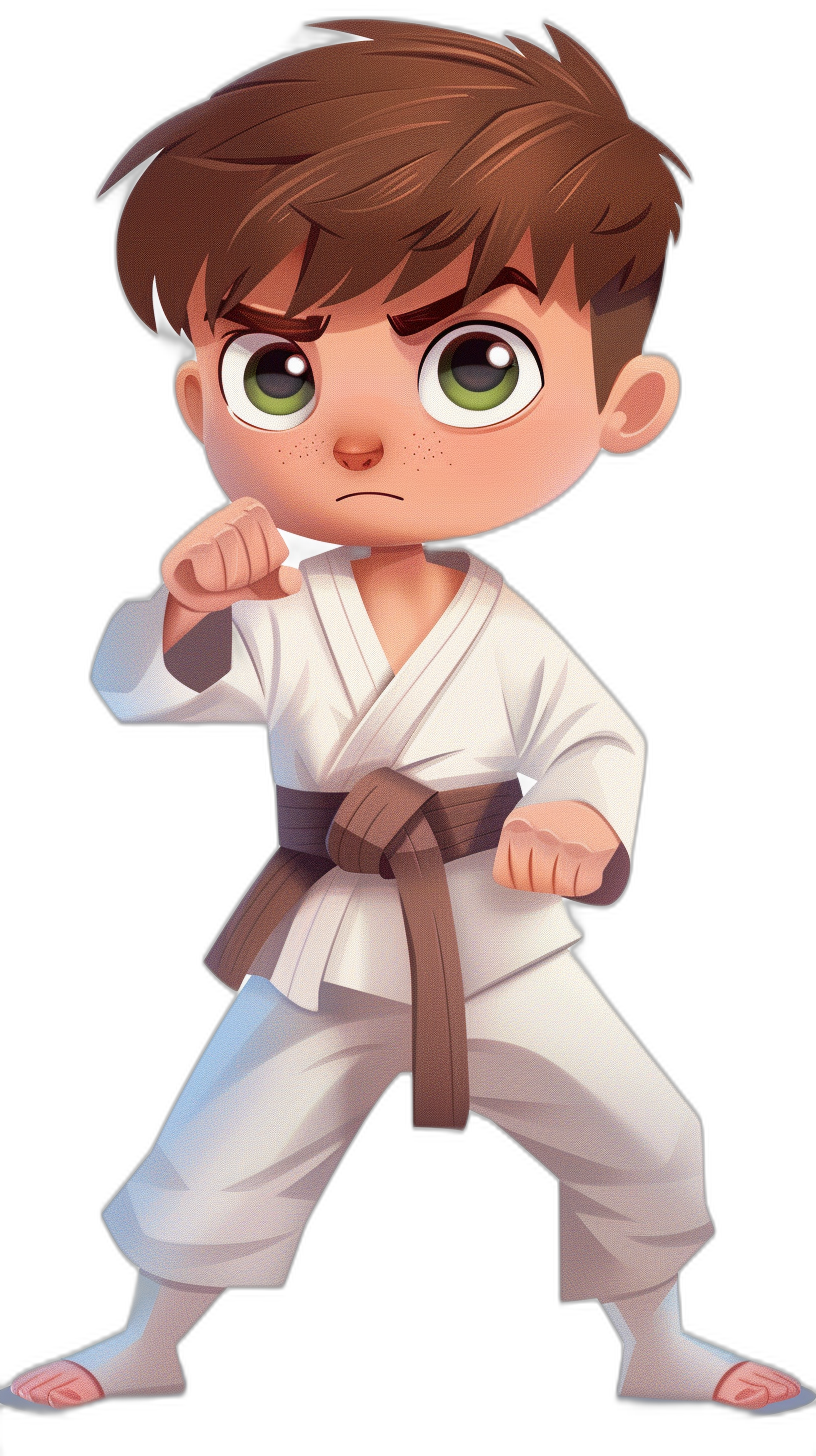 cartoon brown-haired green-eyed boy in a white karate outfit with a black belt doing an oiko pose, full-body shot, black background, in the style of Disney Pixar character design, chibi style, 2D game art style