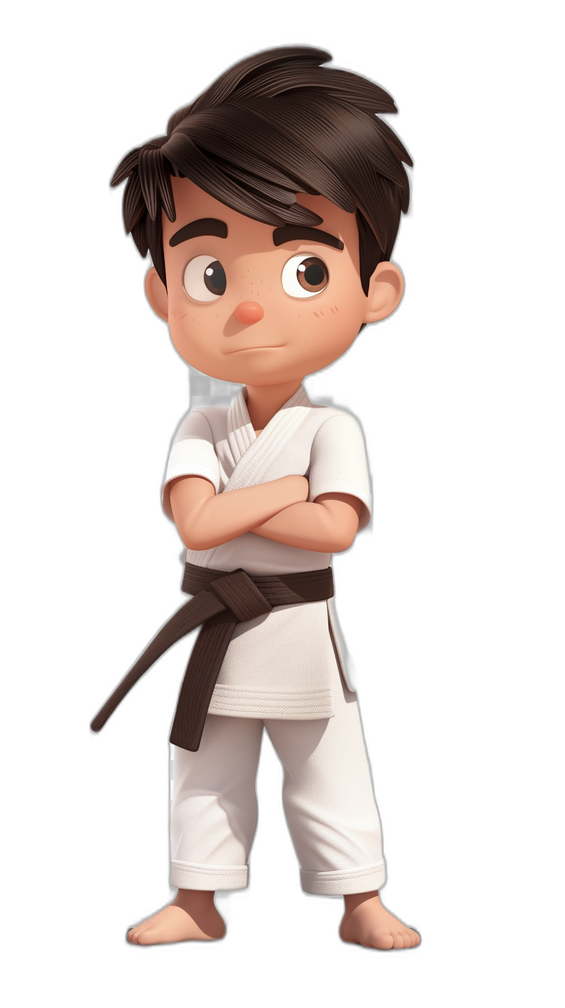 3D character in the chibi style of Disney Pixar animation movies in the making, full body of a brown haired boy wearing a white karate gi with a black belt on his waist, cute facial features, solid background color.