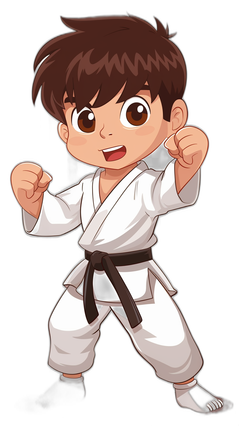 cartoon boy in a karate outfit, doing a punch pose, against a black background, in the chibi style, with big eyes, cute, with brown hair