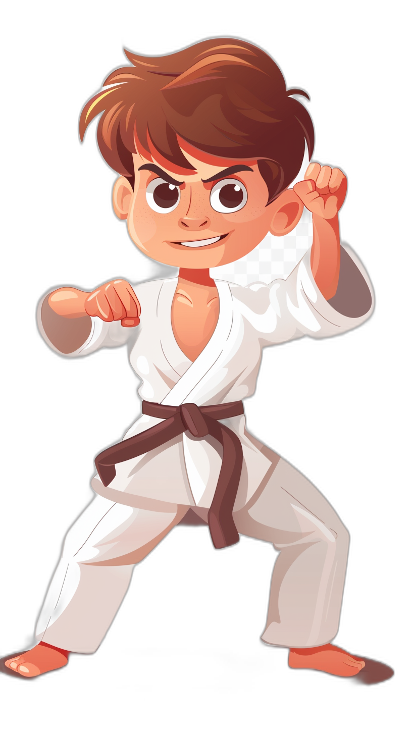 A young boy with brown hair in a white karate outfit in the style of a cartoon, vector illustration, simple design, cute face and expression, black background, simple detail, full body shot, action pose, high resolution, with no shading details.