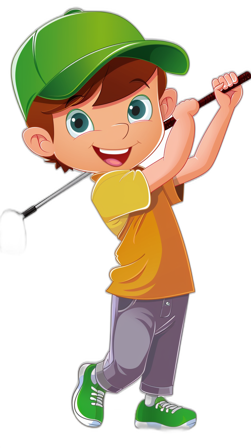 Cartoon boy playing golf, vector illustration with black background, cute and happy expression, wearing green cap, yellow tshirt, gray pants, white shoes, holding club in hand, full body portrait, bright colors, sunlight shining on the face. High resolution, clear details.,,in