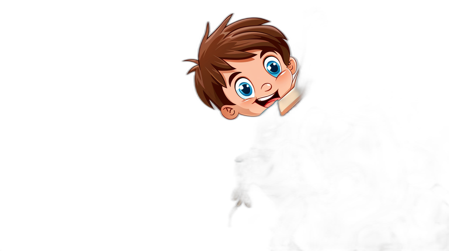 A cute cartoon boy with brown hair and blue eyes peeking out from behind the edge of a black background, in the style of Pixar.