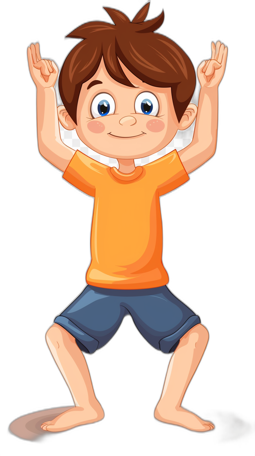 boy doing stretching, simple vector graphic on a black background, cute cartoon style, wearing an orange t-shirt and blue shorts, hands up to the sky in a pose, smiling face, brown hair with bangs, no outline, colorful