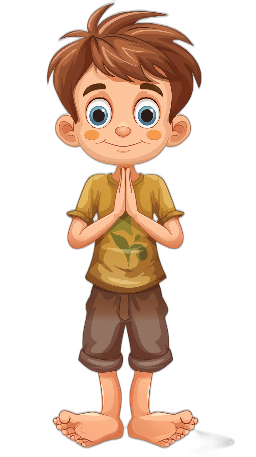 A cute cartoon boy with brown hair, blue eyes, wearing an olive green t-shirt and dark shorts standing on his toes in the style of Pixar, hands clasped together praying to God with an isolated black background in a full body shot.