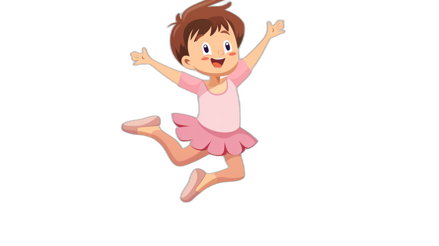 A cute little girl wearing a pink ballet costume is jumping in the air, smiling happily with her hands raised up and down on a black background. The animation style features a flat illustration design with vector graphics in the style of Disney Pixar.