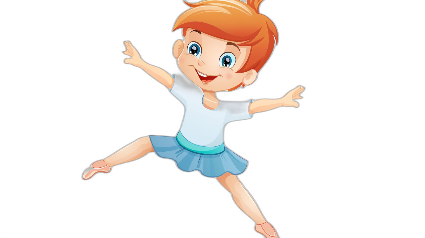 A cute little girl ballet dancer in the style of a cartoon, vector illustration with a black background. She has short red hair and blue eyes wearing a white t-shirt and light blue skirt. The pose shows her jumping high into the air. Her face shows excitement and joy.