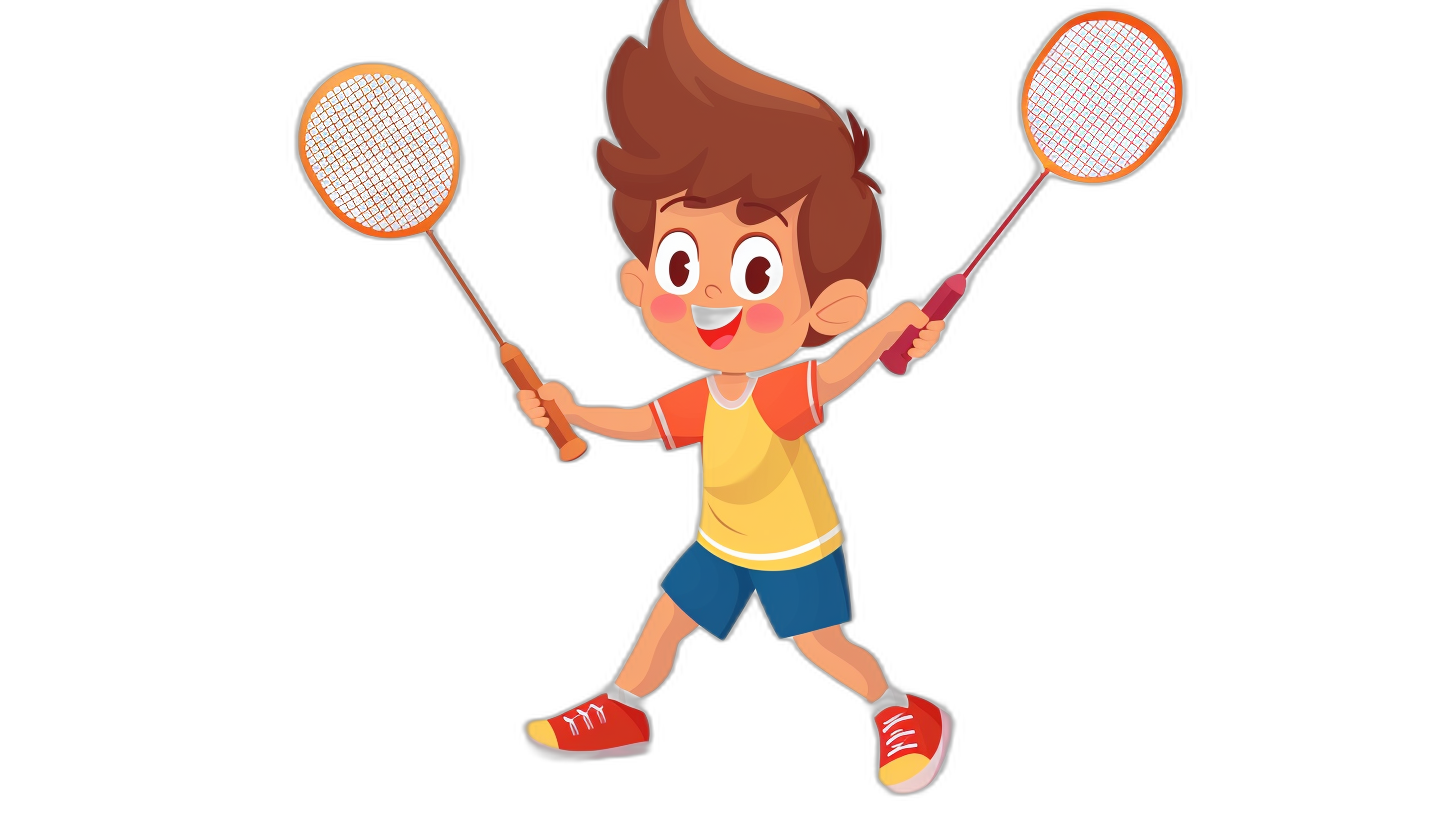 A boy playing badminton, cartoon style illustration with black background. The character is holding two ratches and jumping in the air to hit them together. He has brown hair and wears yellow tshirt, blue shorts, red shoes, and smiling happily while enjoying his sport activity. There’s no text or letters on screen. It creates an energetic scene with vibrant colors and dynamic poses that capture movement and action of sports activities.