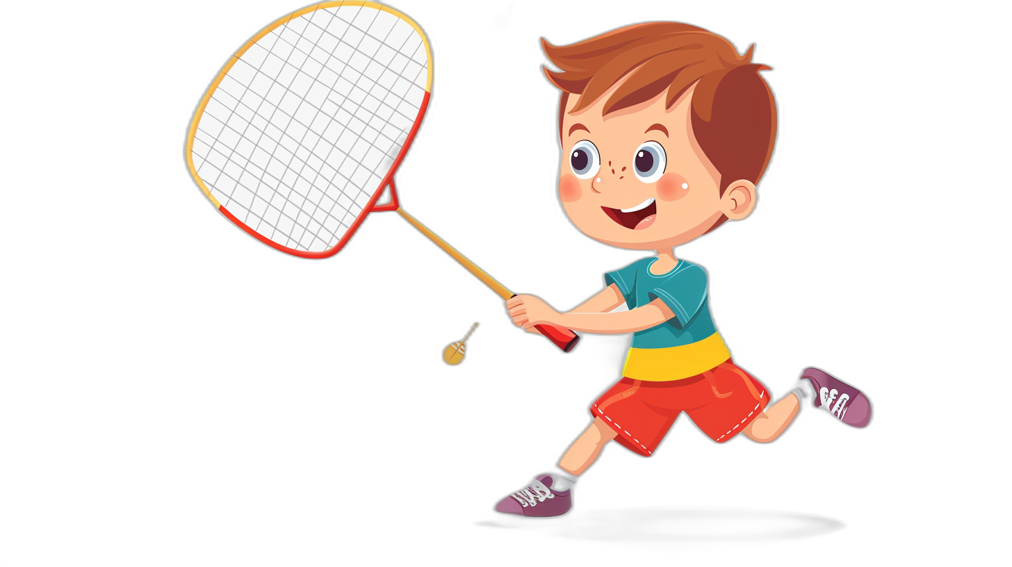 cartoon child playing badminton, cartoon character vector illustration with black background, high resolution photo, in the style of high detail, no blur effect