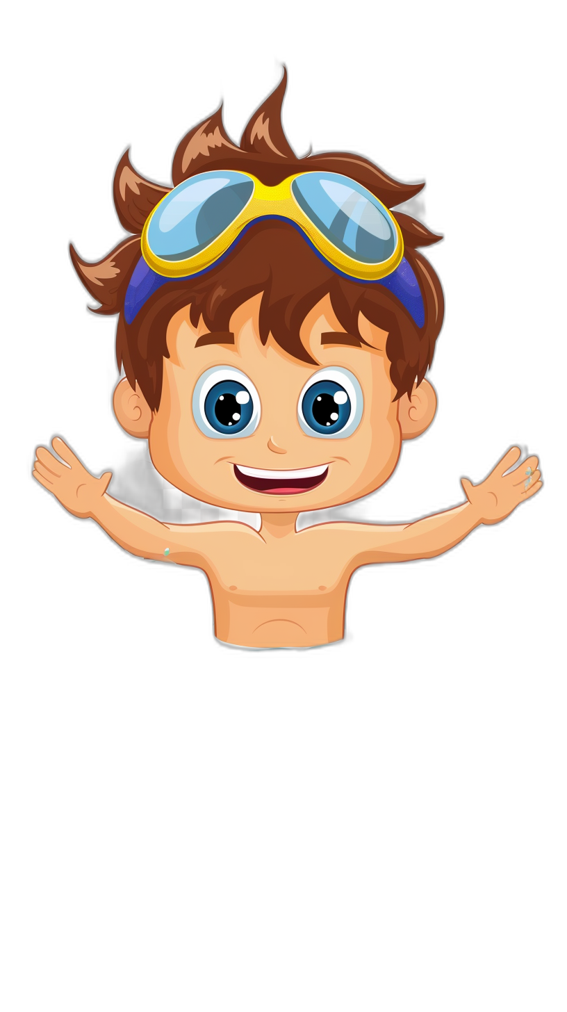 Cute cartoon vector style boy with swimming goggles on his head, brown hair and blue eyes smiling while he’s floating in the air with arms outstretched on an isolated black background.