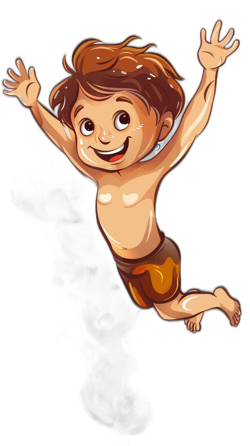 A cartoon boy with brown hair, dressed in swimming trunks and smiling while jumping into the water, vector illustration on black background, cute style, simple lines, no shadows. The overall color scheme is warm tones. A lively atmosphere full of childlike fun.,,in realist fine details, pixar