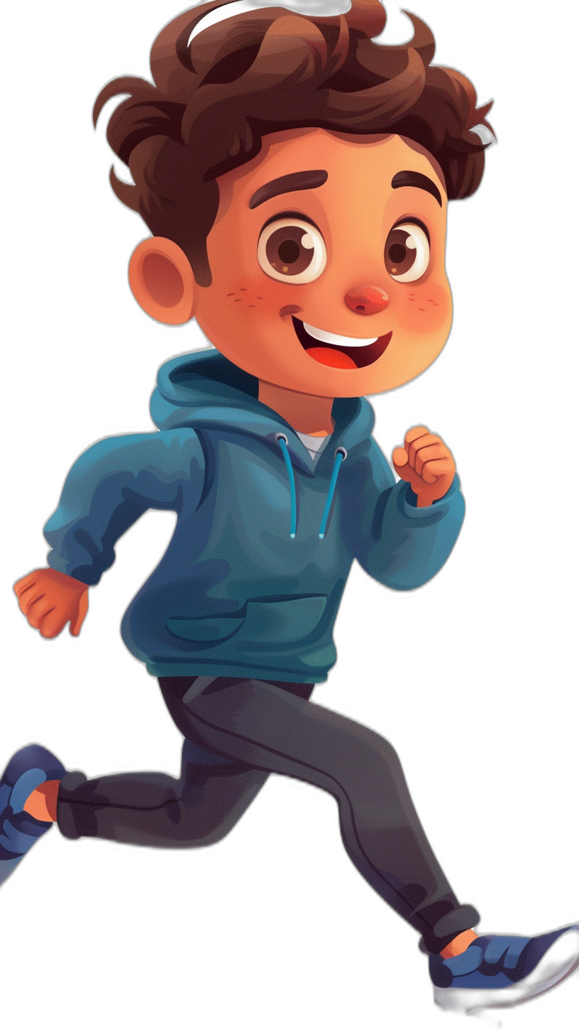 A cute little boy with dark brown hair, wearing a blue hoodie and black pants is running in the style of Disney. He is depicted as a cartoon character with big eyes, a smiling face, and a happy expression. The facial features are simple and the illustration is flat against a black background. Brightly colored  is worn in the full body portrait, which is presented in high definition with high resolution and high detail.