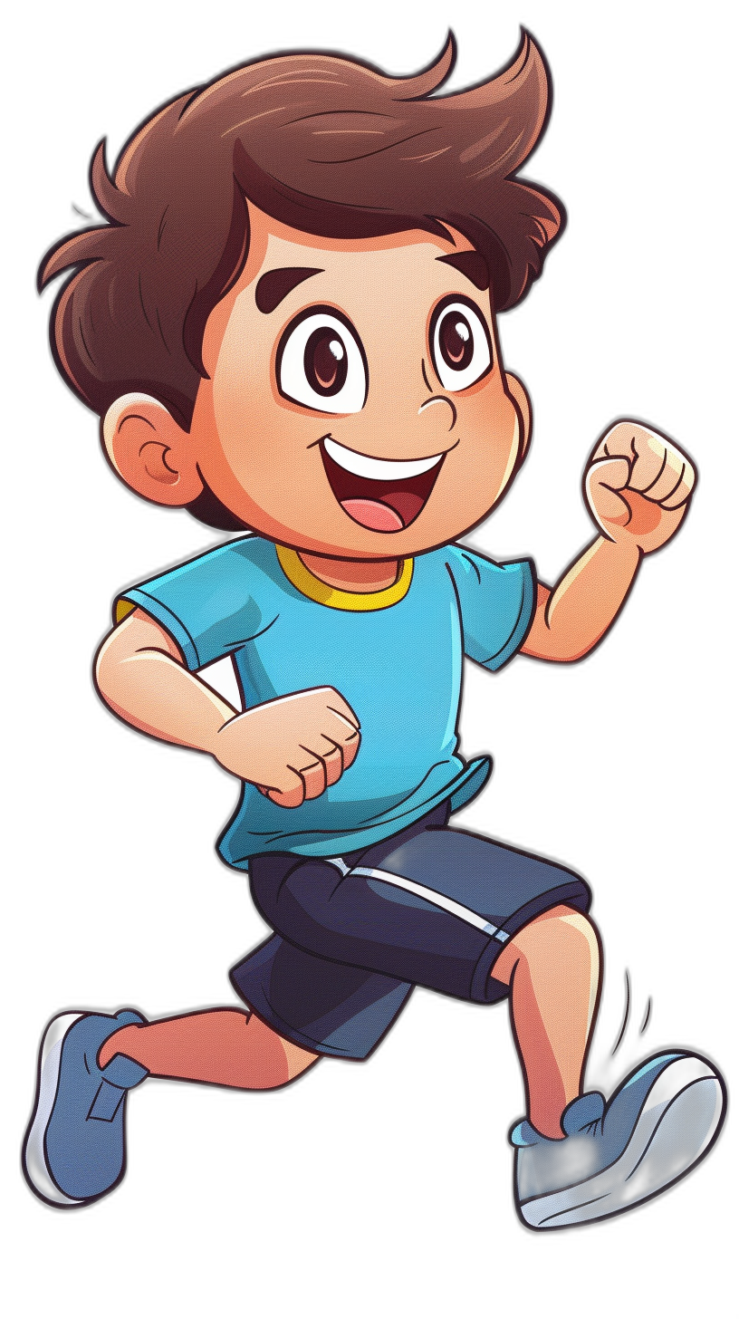 A cute little boy is running and smiling happily, wearing blue short sleeves and black shorts with brown hair. The background color of the cartoon character illustration should be pure black to highlight his vibrant colors. He has an adorable face shape, big eyes, round cheeks, small nose, long eyelashes, bright smile, white teeth, and hands raised in celebration as he runs forward. It’s super detailed and high resolution, in the style of clotheset.