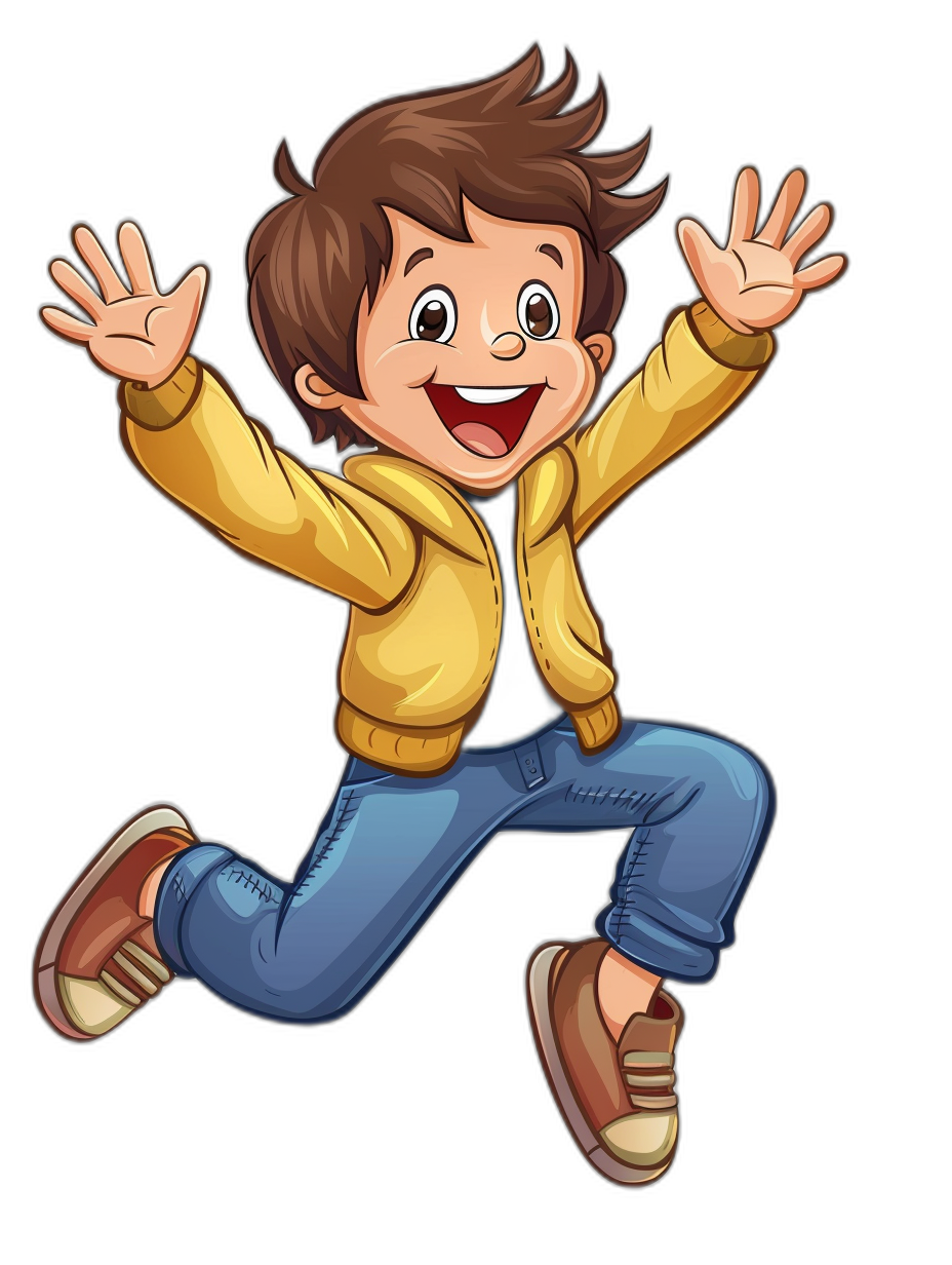 a cartoon of an excited boy jumping, vector style, on black background, wearing yellow jacket and blue jeans with brown shoes, smiling face, big eyes, hands up in the air