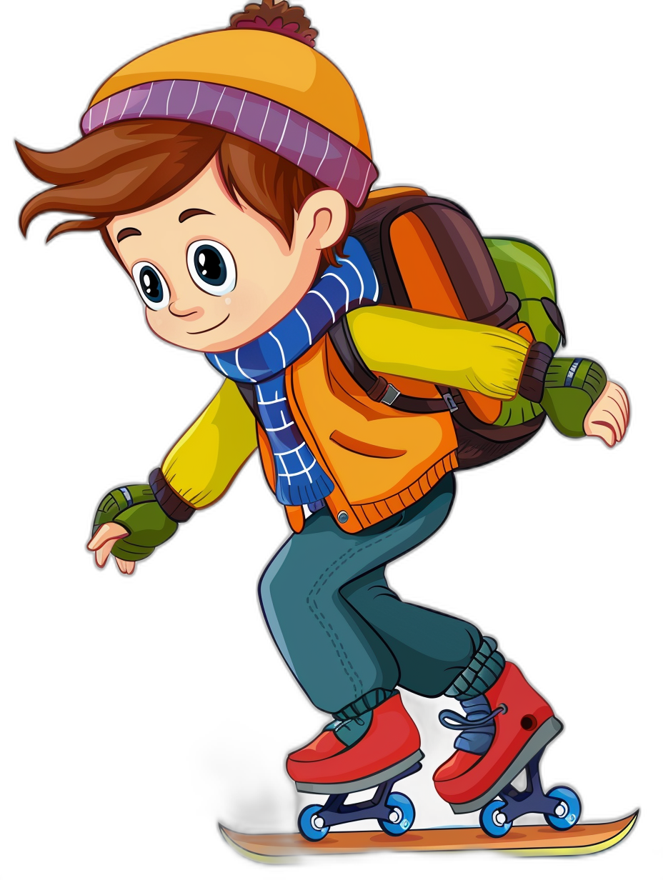 A cartoon boy wearing winter  rollerblading with his backpack on a black background in the style of clip art. The illustration is in a cartoon style for kids and is high resolution.