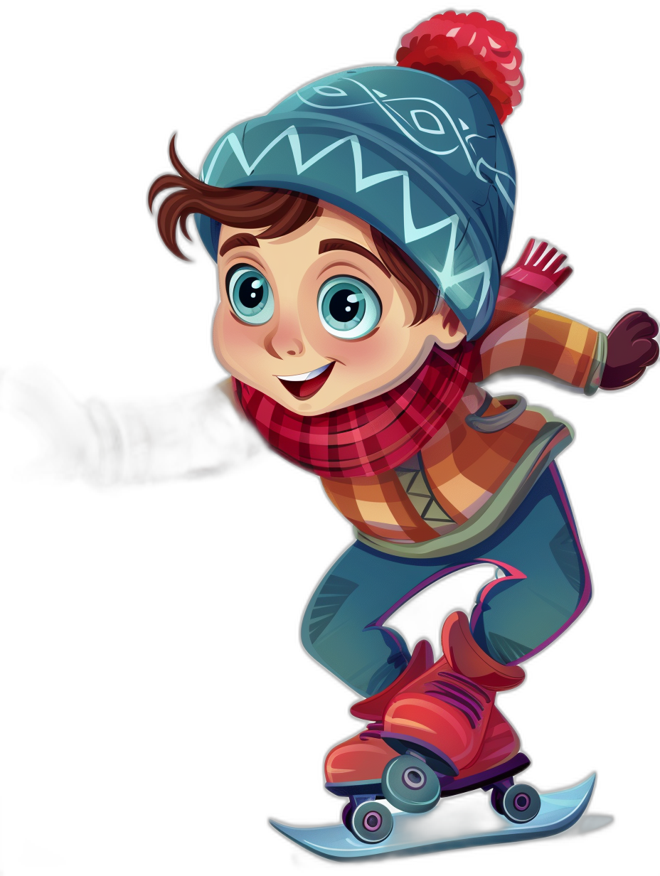 A cute cartoon character of a boy skating on ice, wearing winter  and a hat with a scarf against an isolated black background, in the style of Pixar.