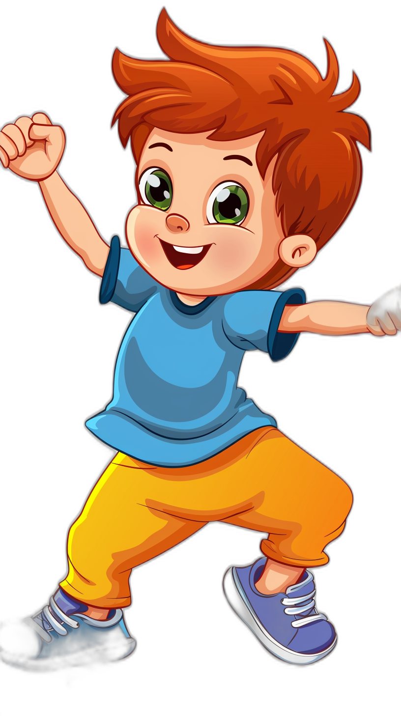 cartoon style, cute boy with short red hair and green eyes wearing blue t shirt orange pants purple shoes jumping on black background