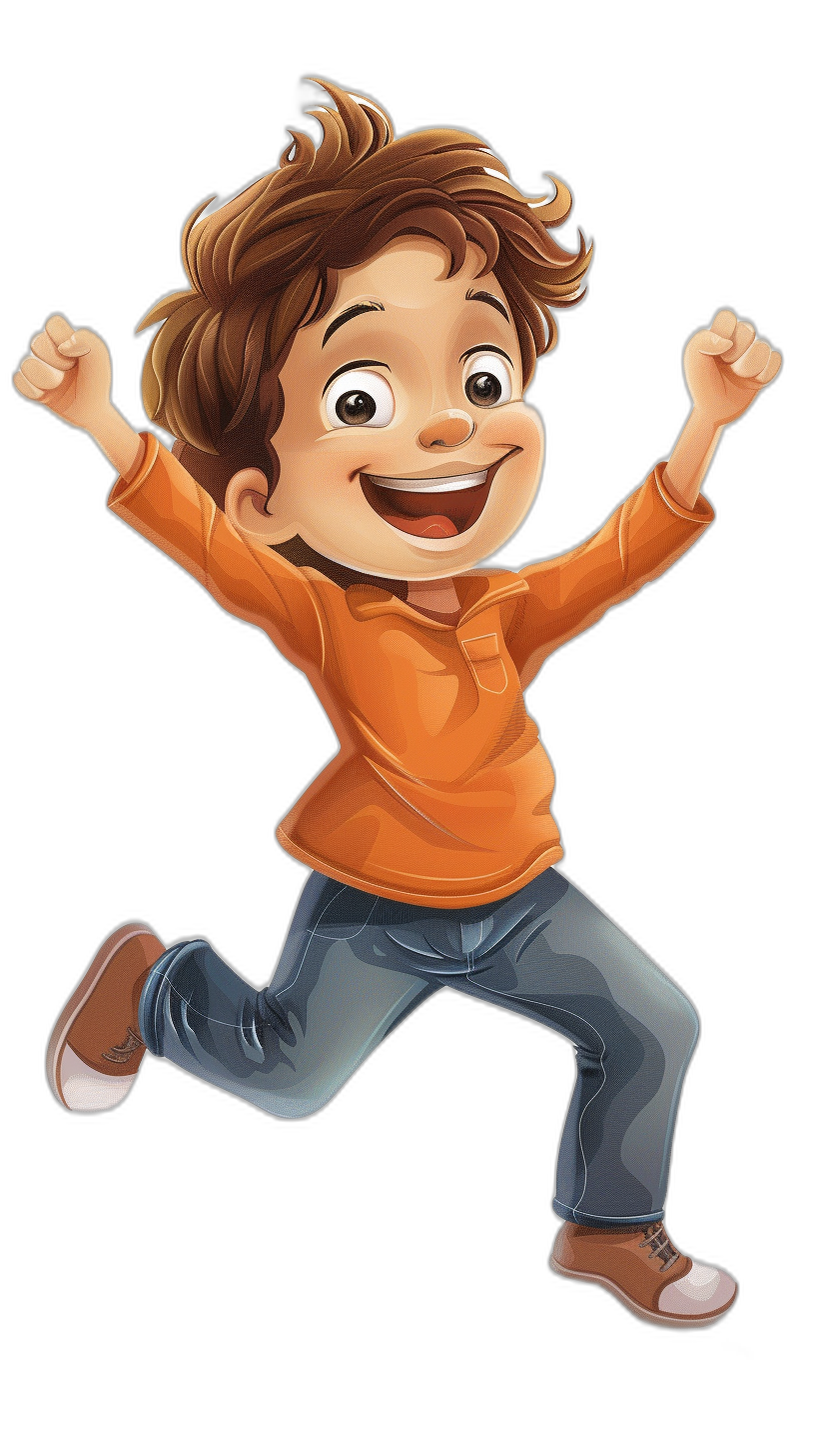 A cute cartoon of happy boy with brown hair, wearing an orange shirt and blue jeans jumping in the air on black background, pixar style